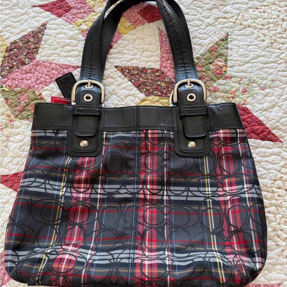 Coach Poppy Multicolor Tartan Plaid Tote with Black Leather - Picture 2 of 3